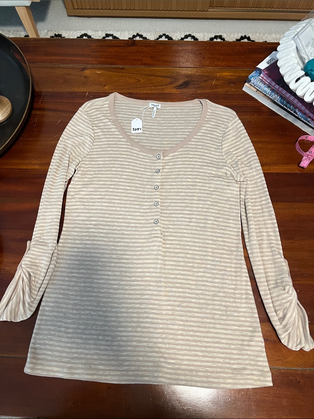 Splendid Beige & Cream Striped Henley Long Sleeve Tee